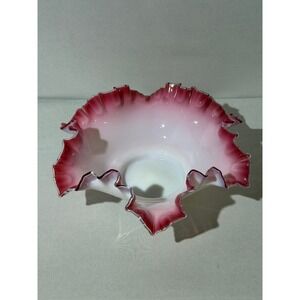 Vintage Fenton Peach Crest Double Crimped Glass in Pink and White 11" Bowl